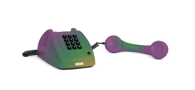 Vintage multi colored telephone with a white background