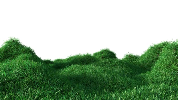 Green grass growing on hills with white background. 3d rendering