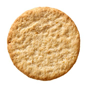 Top view wheat cracker. A single piece whole meal oat biscuit isolated on white background.