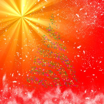 Christmas bokeh tree on golden light ray background