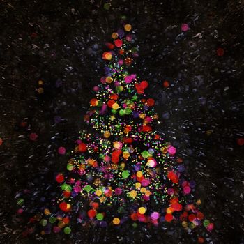 Christmas abstract bokeh tree on dark background. Digital paint