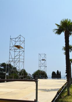 Empty concert venue in the Park outdoors, preparing the stage for performances, vertical shot.