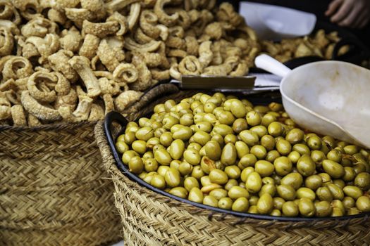 Olives in a market, detail of prepared food, appetizer