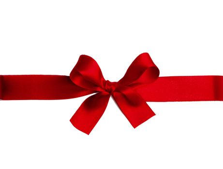 Shiny red satin ribbon and bow isolated on white background. Holiday gift concept