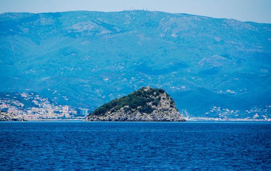 View of the island of Bergeggi with sea