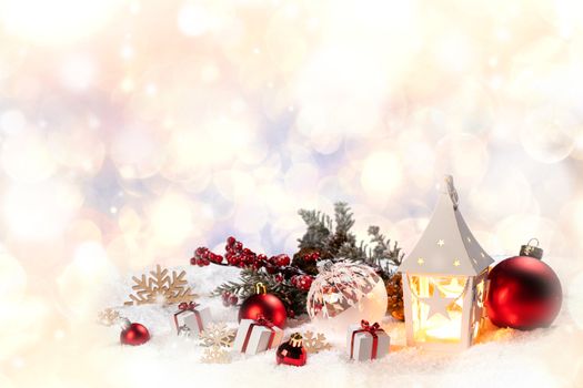 Christmas holidays card with gifts , balls , santa claus hat and glowing lantern in snow