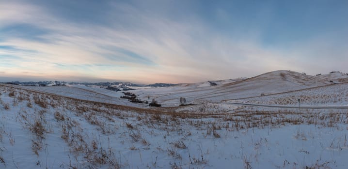 Altai mountains winte road through mountains pass