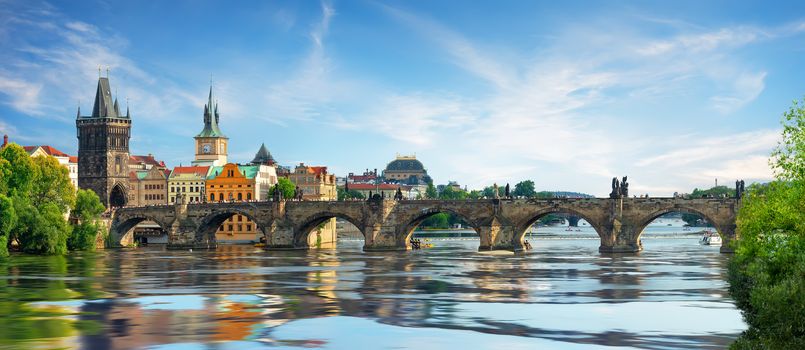 Charles bridge on river Vltava in summer