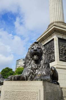 Lion at the base of the Nelson column in London in Trafalgar square