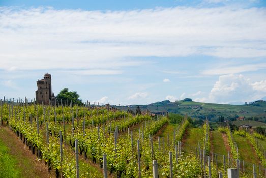 View of Langhe hills with Castle of Serralunga, Piedmont - Italy