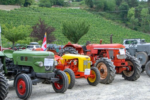 Old tractors at an exhibition in Langhe, Piedmont - Italy