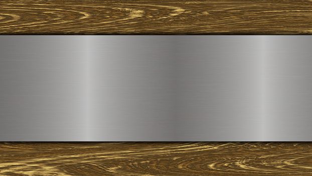 Polished metal plate on wood background. Illustration.