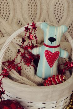 Handmade Teddy bear for Valentine day. Background. photo