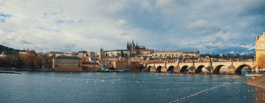 View of the Cathedral of St. Vitus, Prague castle and the Vltava River in advent christmas time, Prague cityscape, Czech Republic 2018.