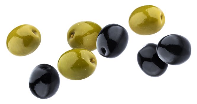 Green and black olives isolated on white background with clipping path, close-up