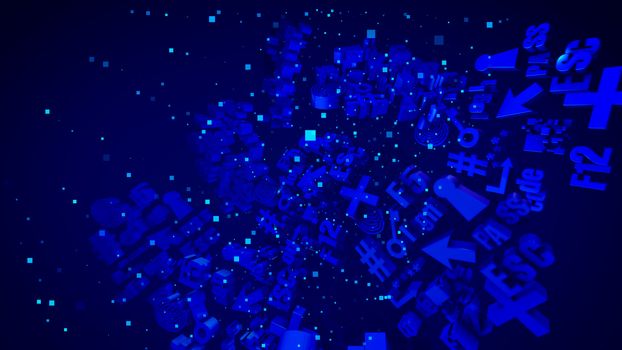 Optical art 3d illustration of shining light blue computer symbols such as arrow, at sign, numbers, letters, grates, brackets and others. They look inspiring, innovative and optimistic.