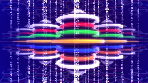Impressive 3d illustration of colorful disc groups placed vertically on sparkling stripes in the dark violet background. They create the mood of innovation, fest and technology.