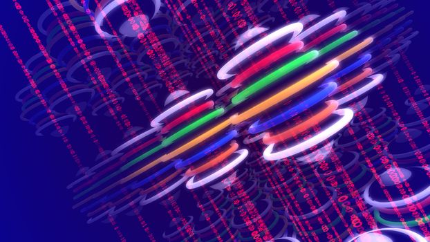 Wonderful 3d illustration of multicolored disc groups looking like neon lanterns put diagonally on rosy lines in the dark blue background. They create the spirit of holiday.