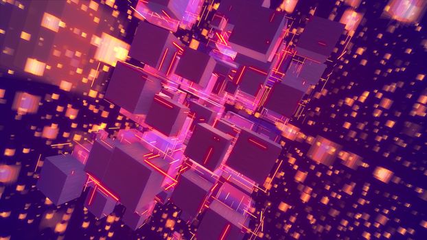 Cyberspace 3d illustration of glowing pink cubes keeping together as a macrostructure in the dark violet background. They generate the mood of innovation, optimism and cheerfulness. 