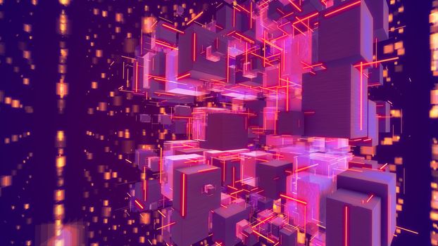 Wonderful 3d illustration of spinning rosy cubes with plasma looking zigzag lines in the violet background. They generate the spirit of innovation, optimism and advanced science. 