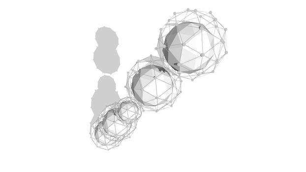 Arty 3d illustration of several spheres covered with network grids placed in one lengthy diagonal line in the white background. They look impressive, artistic and optimistic. 