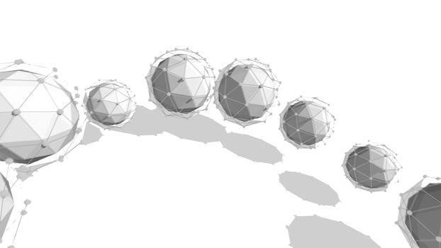 Striking 3d illustration of several spheres covered with network plexuses located in one semi circle in the white background. They have shadows and look optimistic and fine. 