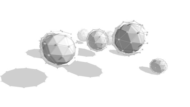 Hi-tech 3d illustration of several multishaped spheres covered with network grates and grey shadows in the white background. They generate the mood of future science, innovation and art. 