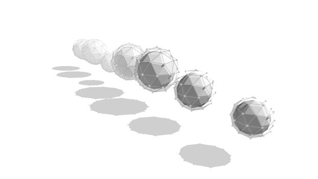 Stunning 3d illustration of seven multishaped spheres with nets placed in one straight line rotating around a central one and forming a stripe with shadows in the white background.  