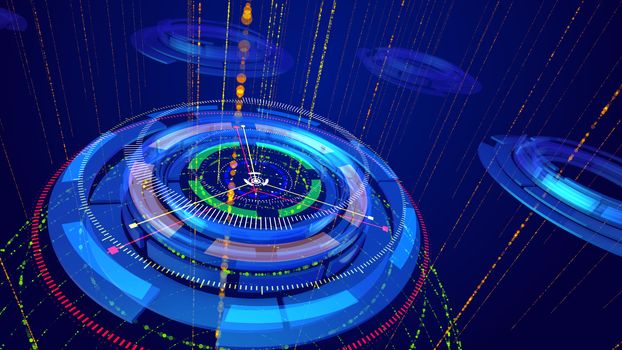 Wonderful 3d illustration of shining multishaped rings imposed on each other and having several thin arrows spinning around in the dark blue backdrop. It looks like a  cyberspace compass.