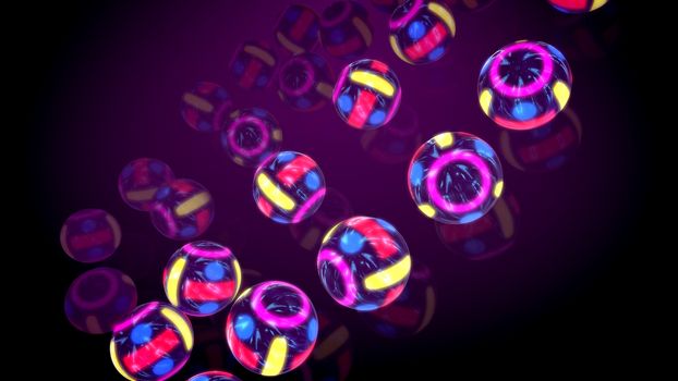 Amazing 3d illustration of four lines of neon looking colorful balls sliding down on a flat surface put aslant in the pink background. They generate the spirit of novelty, optimism and celebration.