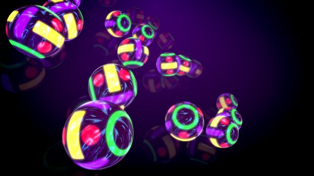 Striking 3d rendering of flying streaks of neon billiards balls entertaining cheerfully in the violet backdrop. They form the mood of innovation, festive fun and real holiday.