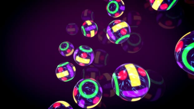 Stunning 3d illustration of a lot of colorful neon billiards balls flying up and down and spinning around in the pink backdrop. They shape the mood of novelty, cheerfulness and optimism.