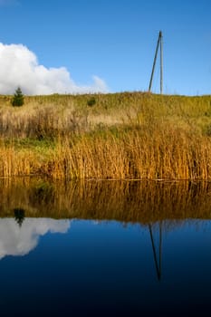 View on autumn landscape of river and grass in sunny day. Grass on river coast in autumn day. Reflection of autumn grass in water. Autumn in Latvia. Autumn landscape with colorful trees, yellow grass and river. Reflection in river.