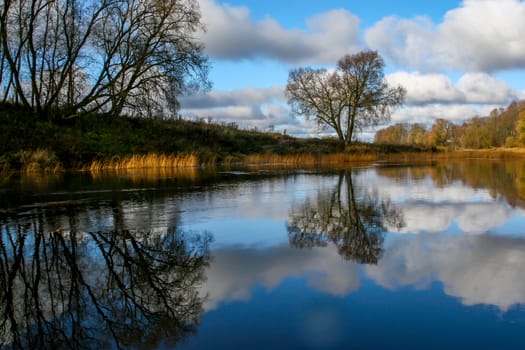 View on autumn landscape of river and trees in sunny day. Forest on river coast in autumn day. Reflection of autumn trees in water. Autumn in Latvia. Autumn landscape with colorful trees, yellow grass and river. 