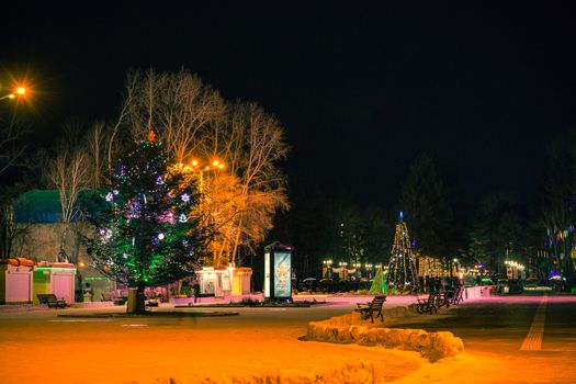 The largest artificial skating rink in the far East of Russia. At night. Many Christmas trees decorated with bright lights.