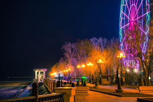 Ferris wheel on the banks of the Amur river in Khabarovsk against the night sky. A bright illumination. Photographed at long exposure.