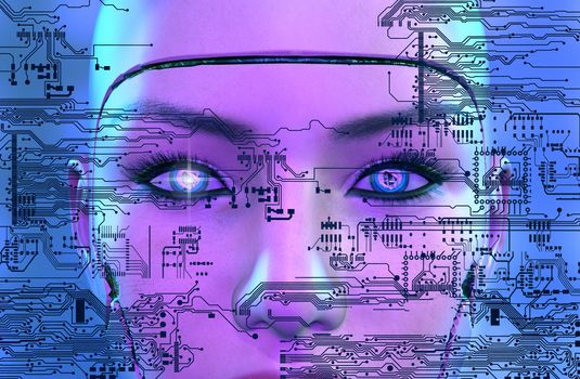 Female robot face with electronic circuits - 3d rendering