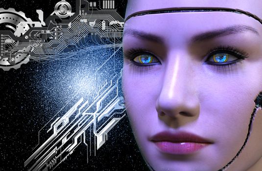 3D rendering of a female robot face at dark background with electronic circuits