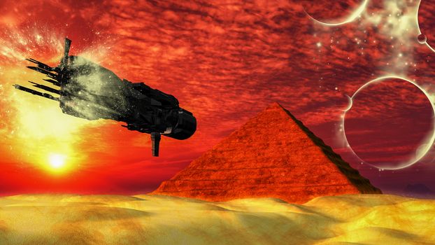 UFO Spaceship Flying towards a Pyramid in the desert - Fantasy Alien Illustration. 3D rendering