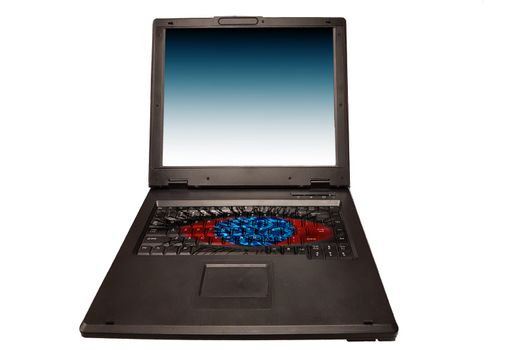 Laptop computer with eyes symbol on the keyboard. Concept spy PC and network security.