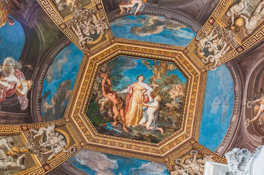 A ceiling of paintings at the Vatican Museum in Rome, Italy