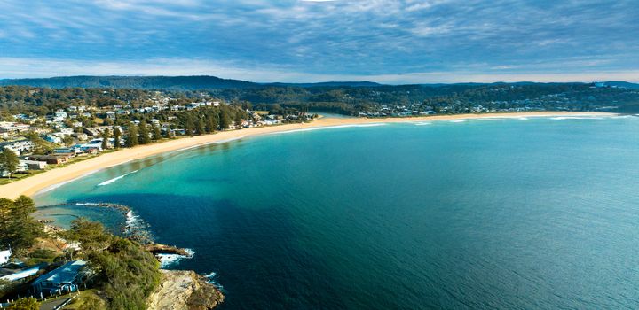 Panoramic views of Avoca Beach on the central coast of Australia