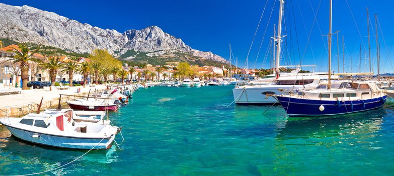 Idyllic waterfront of Baska Voda panoramic view, town in Makarska riviera of Dalmatia, Croatia