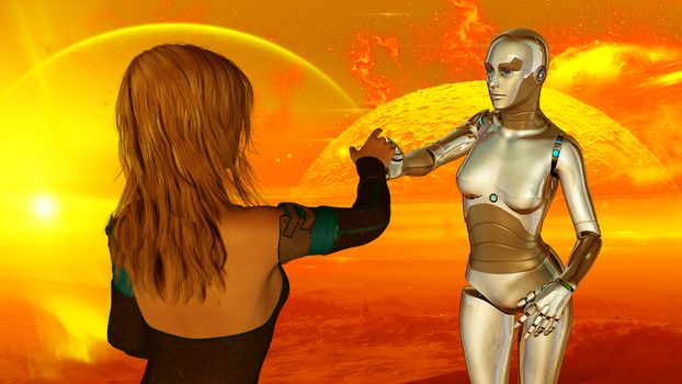 Woman and robot at extraterrestrial planet - Artificial Intelligence Technology - 3d rendering