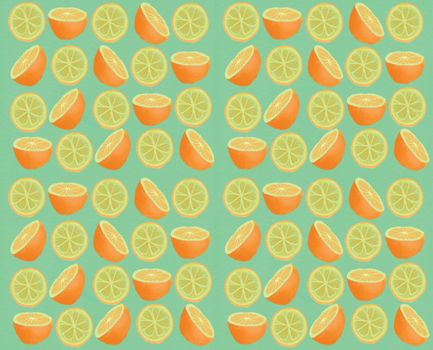 Orange abstract fresh pattern.Texture illustration with sliced orange on green background.