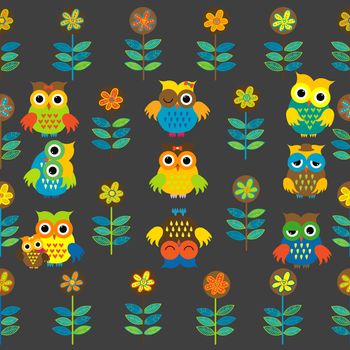 Seamless pattern with doodle flowers and cartoon owls