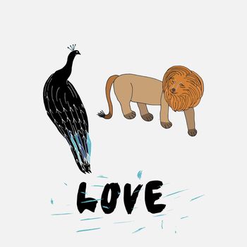 PEacock and Lion character love illustration
