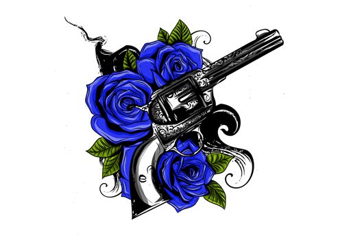 Pair of crossed guns and rose flowers drawn in tattoo style.  illustration.