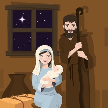 Holy family foreground. Christmas nativity scene. Birth of Christ. Vector illustration