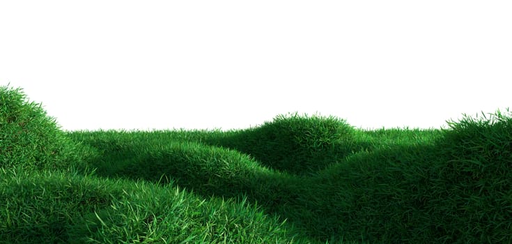 Green grass growing on hills with white background. 3d rendering